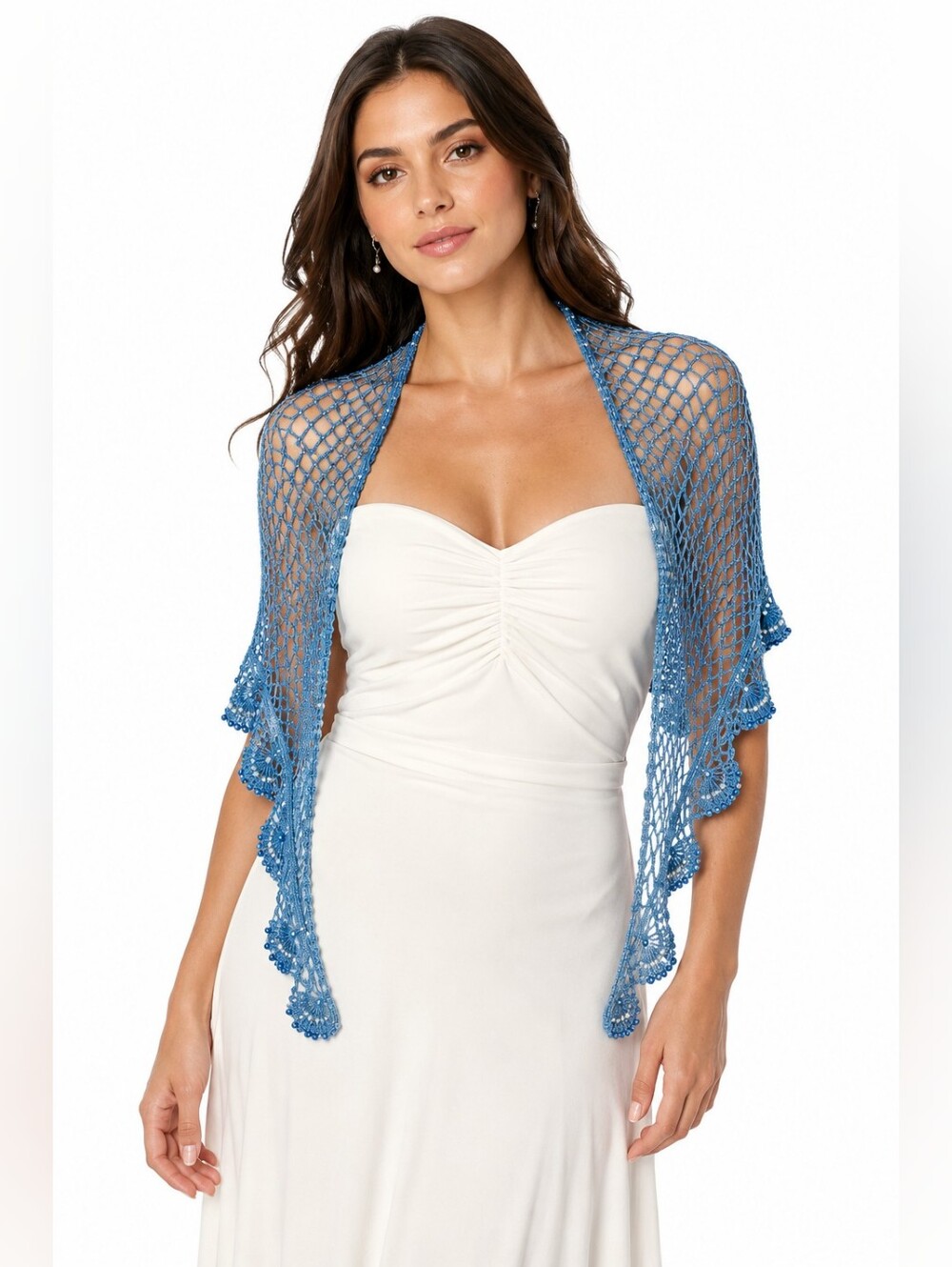 Western Fashion Bolero Shrug Blue Beaded Crochet Mesh Pearl Evening Wrap